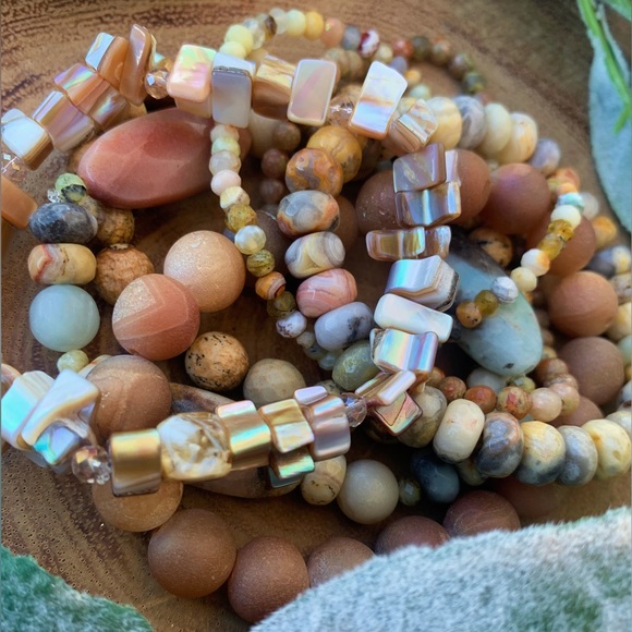 Natural Multicolored Agate, Amazonite & Unakite Gemstone Mix Bead Bracelet Stack - Picture 3 of 10